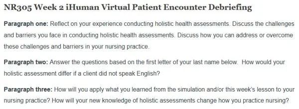 NR305 Week 2 iHuman Virtual Patient Encounter Debriefing