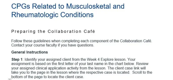 NR565 Week 4 Collaboration Café CPGs Related to Musculosketal and Rheumatologic Conditions