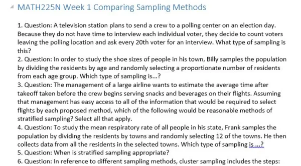 MATH225N Week 1 Comparing Sampling Methods