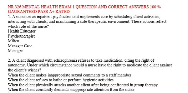 NR 326 Mental Health EXAM 1 Question AND Correct Answers