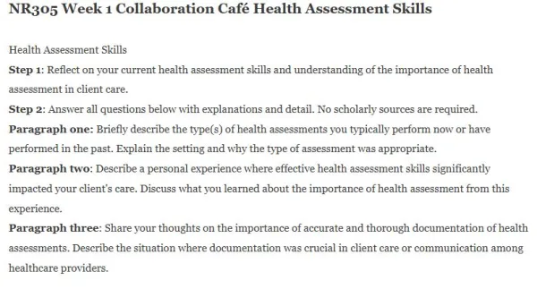 NR305 Week 1 Collaboration Café Health Assessment Skills