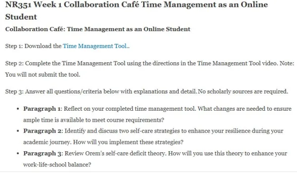 NR351 Week 1 Collaboration Café Time Management as an Online Student
