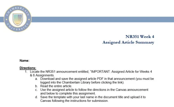 NR351 Week 4 Assignment Assigned Article Summary