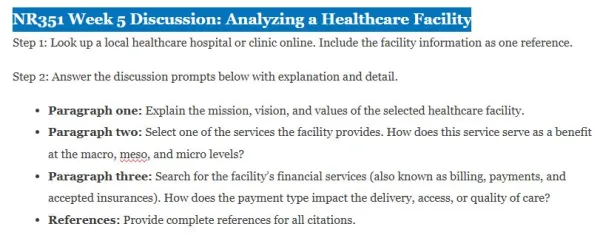 NR351 Week 5 Discussion Analyzing a Healthcare Facility