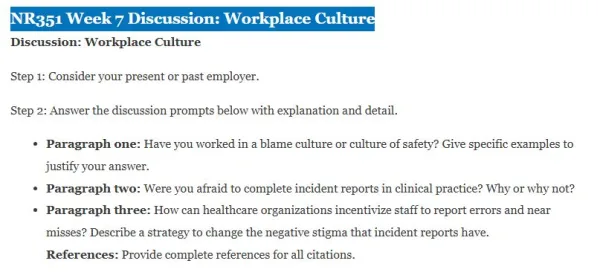 NR351 Week 7 Discussion Workplace Culture