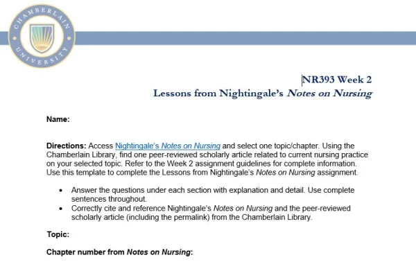 NR393 Week 2 Lessons from Nightingale’s Notes on Nursing