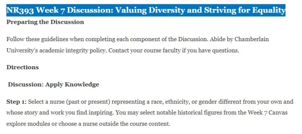 NR393 Week 7 Discussion Valuing Diversity and Striving for Equality