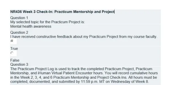 NR436 Week 3 Check-In Practicum Mentorship and Project