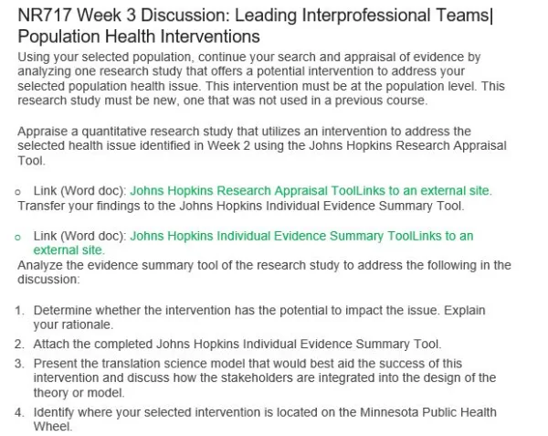 NR717 Week 3 Discussion: Leading Interprofessional Teams| Population Health Interventions