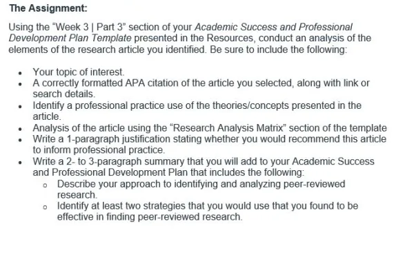 NURS 6002 Week 3 Assignment Academic Success and Professional Development Plan Part 3 Research Analysis