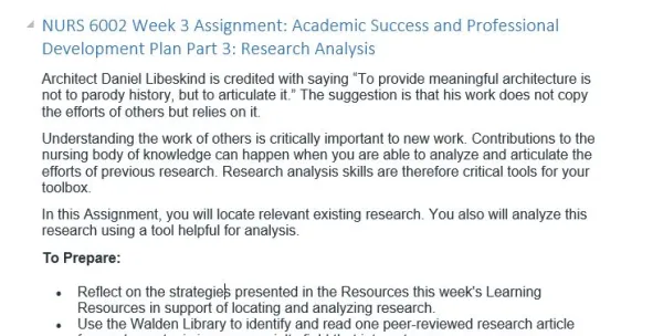 NURS 6002 Week 3 Assignment Academic Success and Professional Development Plan Part 3 Research Analysis