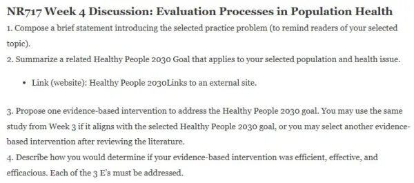 NR717 Week 4 Discussion Evaluation Processes in Population Health