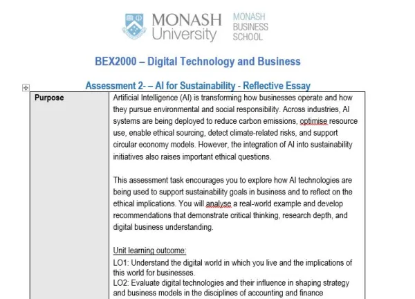 BEX2000 Assessment 2 - AI for Sustainability - Reflective Essay