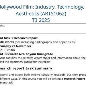 ARTS1062 Hollywood Film Industry, Technology, Aesthetics