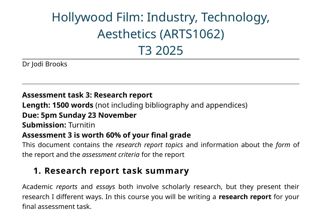 ARTS1062 Hollywood Film Industry, Technology, Aesthetics